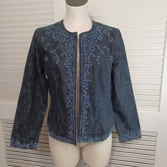 Chicos Denim Jacket Embroidered Blue Jean Open Front Womens Medium - Picture 2 of 12